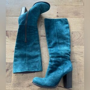 Manas Lea Foscati Teal blue Suede Block Heel high Boots made in Italy size 36